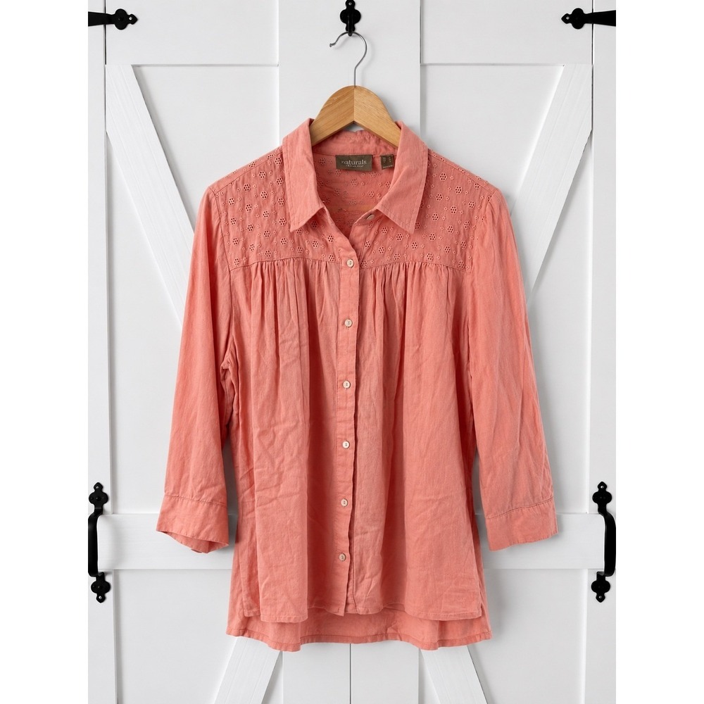 Naturals d&co Linen Flax Blend Button Up Top Size M Coral Eyelet 3/4 Sleeve